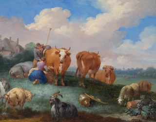 Pastore con mucche e pecore in un paesaggio
